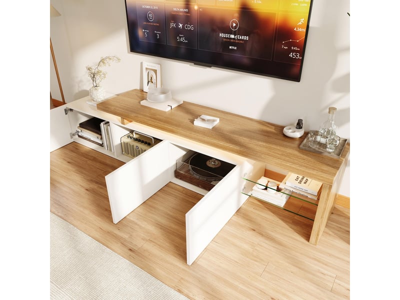  Meuble tv led - 200x39x42cm - design moderne - avec rangement, étagères verre &amp; éclairage multicolore - blanc et bois  - Conforama D