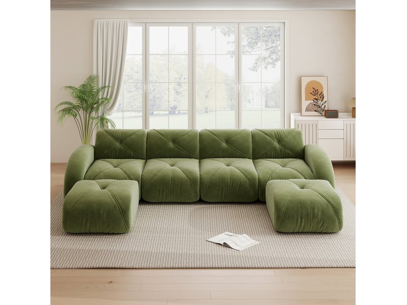  Canapé modulable en u panoramique 358x171x76 cm 4 places, sans montage, tendre, 2 poufs, revêtement en chenille, vert  - Conforama D