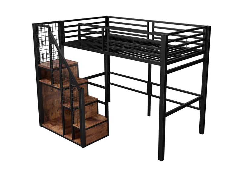 Lit mezzanine 90x200 cm en métal noir, échelle sécurisée, étagères et espace de rangement - Conforama A