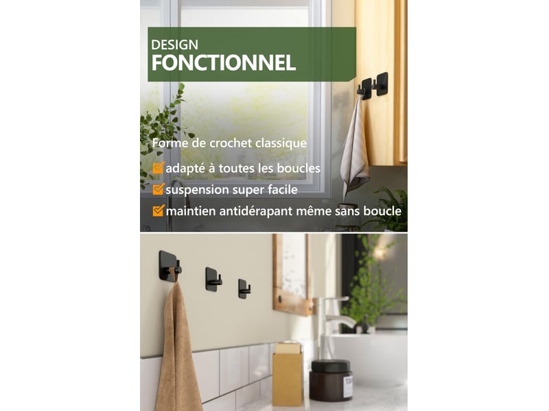 Crochet adhésif mural noir 6 pièces - porte serviette salle de bain, accroche torchon cuisine, portemanteau autocollant acier inox - Conforama B