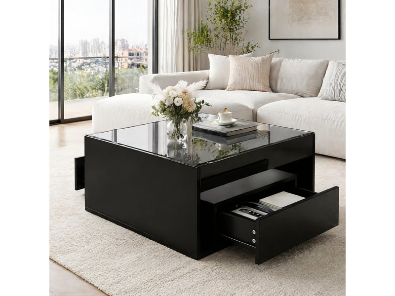  Table basse avec 2 tiroirs, niche ouverte et led pour salon 70×70×35 cm en mdf et verre noir  - Conforama B