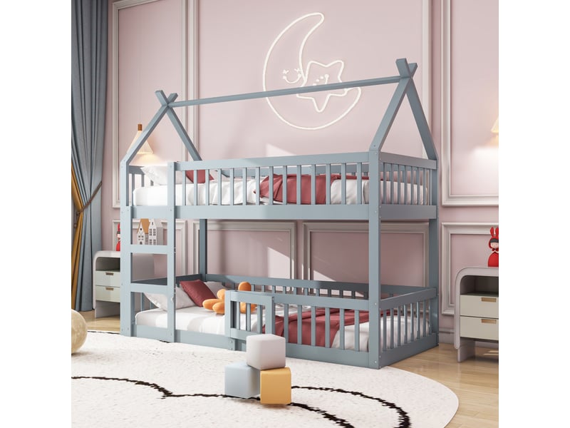  Lit cabane 90x200 enfant, lit superposé enfant en bois massif gris, lit mezzanine avec escalier et barrière de sécurité.  - Conforama E