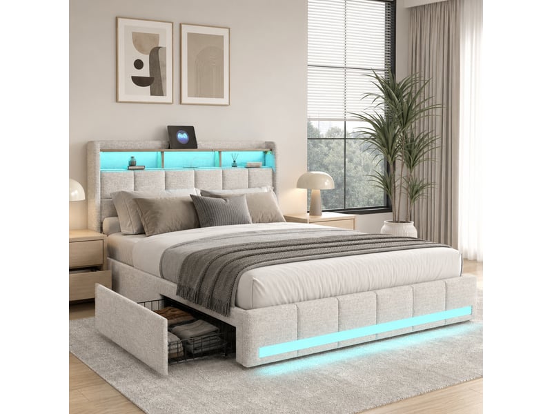  Lit rembourré 140 x 190 cm, lit double avec éclairage led et 4 tiroirs, tête de lit avec espace de rangement et port usb, lin, beige 240726YTT0301#ADhMGHWz3FDELLM - Conforama B