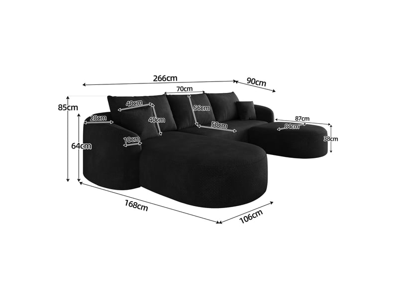  Canapé panoramique en u 5 places modulable en tissu chenille noir - 266 x 168 x 85 cm  - Conforama E