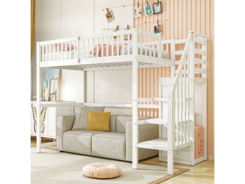  Lit mezzanine enfant 1 place 90x200 cm avec escalier de rangement, armoire intégrée, garde-corps, espace libre sous lit, pin massif et mdf blanc  - Conforama C