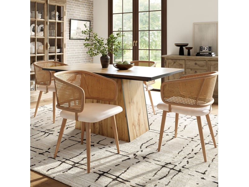  Lot de 2 chaises de salle à manger 47x51x79 cm dossier en rotin pe, métal et polyuréthane (pu), beige et marron  - Conforama B