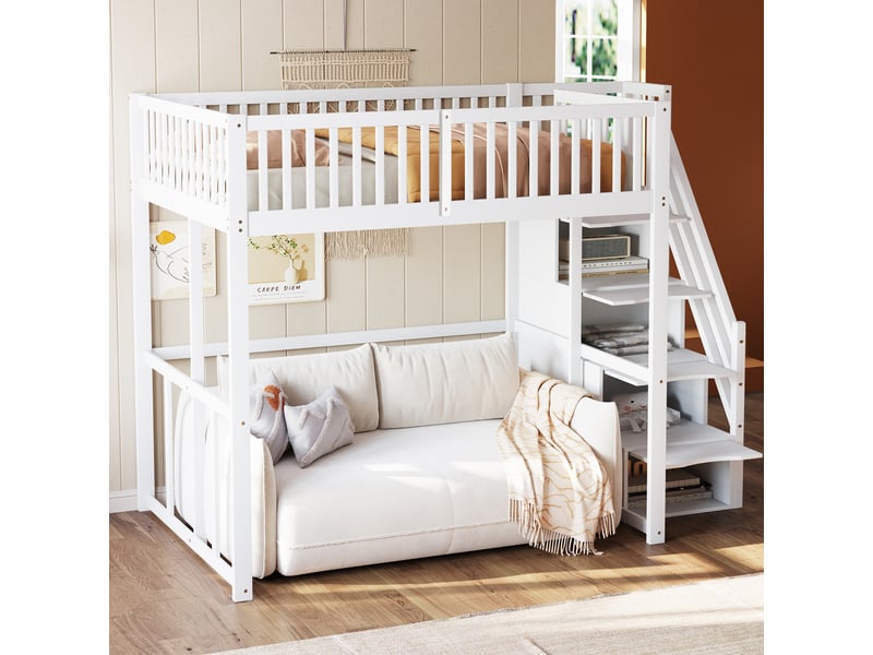  Lit mezzanine 140x200 cm avec échelle de rangement, cadre de lit adulte en pin avec sommier à lattes, lit double, blanc  - Conforama D
