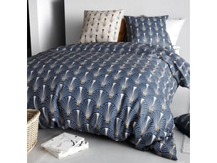 Parure housse de couette 260x240cm + 2 taies motif art-déco bleu et beige 100% coton - rayen