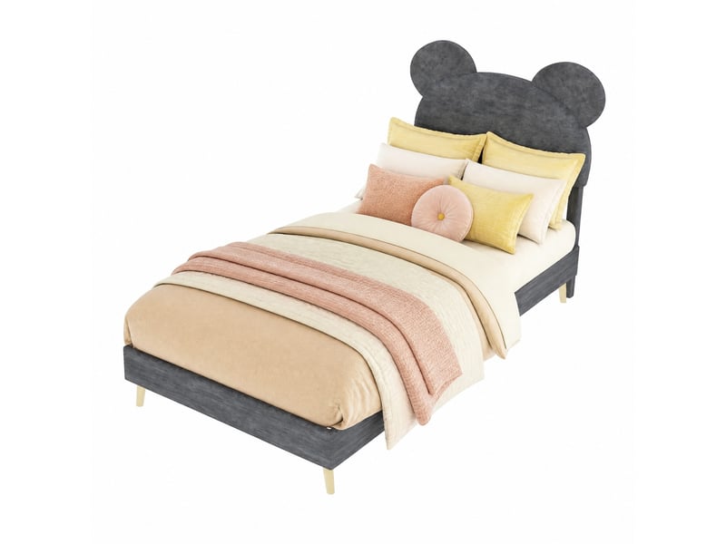  Lit coffre enfant 200×90 cm avec tête de lit rembourrée en forme de dessin animé, sans matelas, en tissu gris  - Conforama A