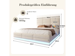 Lit coffre 180x200 cm, lit double, rangement hydraulique, led, usb et usb-c, velours beige, tête de lit réglable