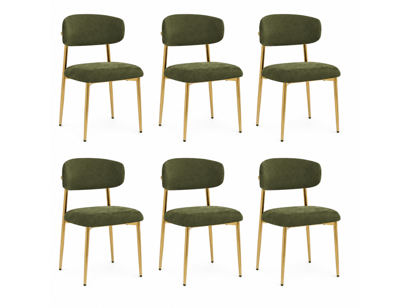 Lot de 6 chaises de salle à manger 51x50x81 cm, assise rembourrée, patins réglables, métal et bois, vert et doré - Conforama A