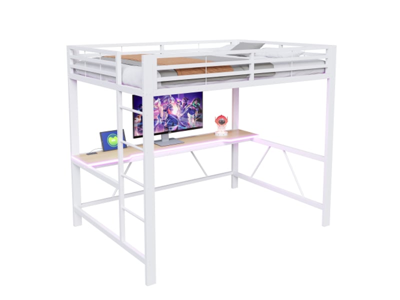  Lit mezzanine gamer en métal 140x200 cm - led usb, bureau intégré - blanc  - Conforama A