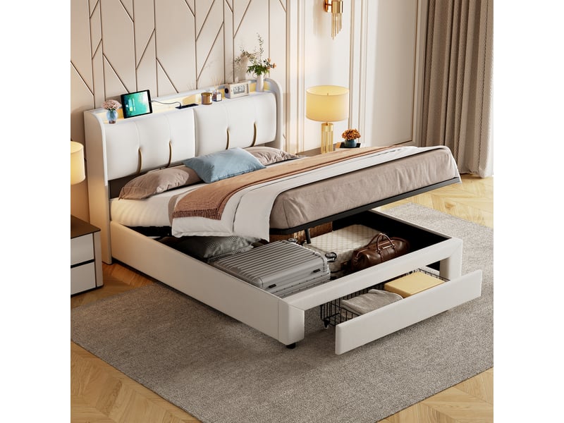 Lit Double 160x200 Cm Avec Tiroirs Et LED - Tête De Lit Velours Beige, Ports USB - Sommier à Lattes, Rangement Intégré - Capacité 350 Kg