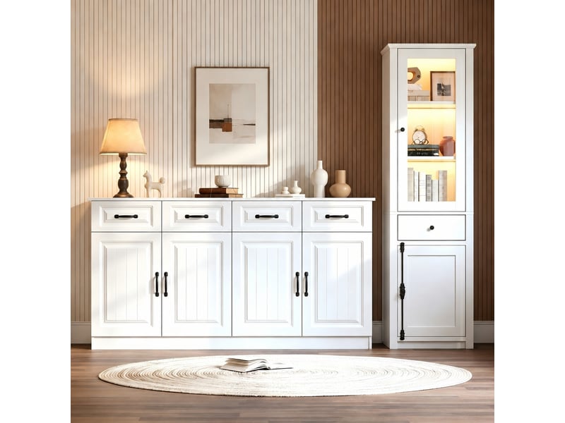 Ensemble buffet blanc et vitrine avec led, meuble de rangement deux pièces pour salon, 5 tiroirs, 6 portes, blanc - Conforama B