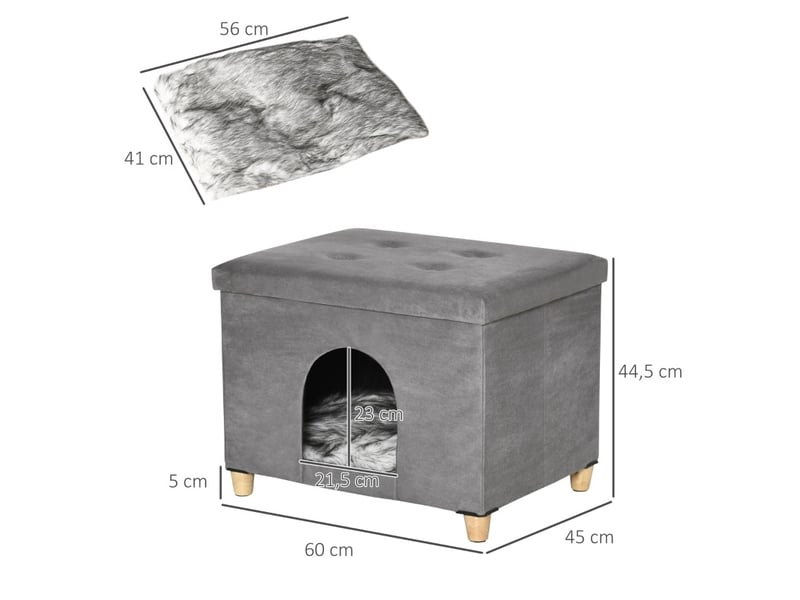  Maison pour félin et repose-pieds 60 x 45 x 44,5 cm – gris – coussin moelleux amovible avec pieds en bois  - Conforama C