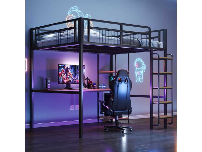 Lit mezzanine 140 x 200 cm, échelle sécurisée, table intégrée, meuble gain de place, design moderne et fonctionnel, métal, noir evarich - Conforama E
