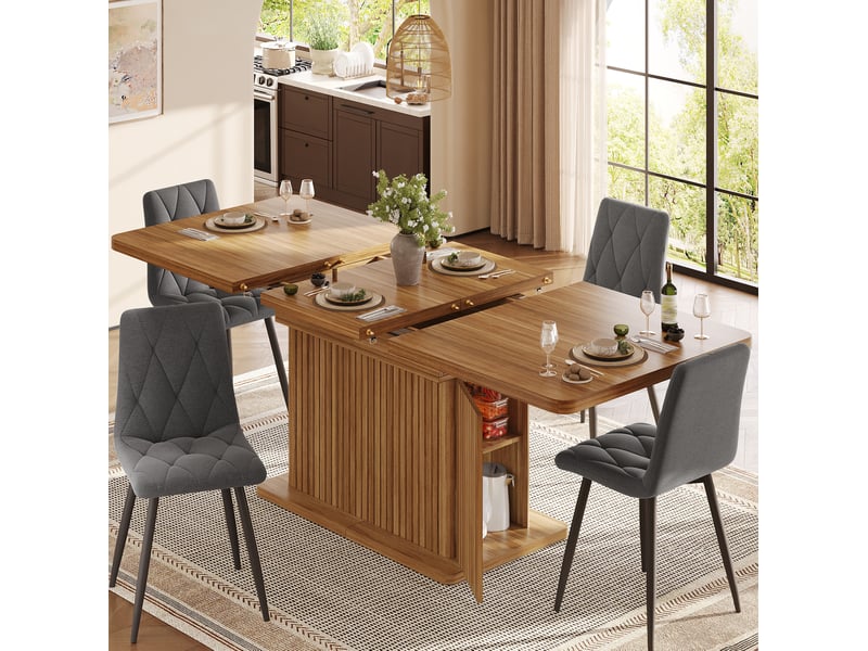  Table de salle à manger extensible avec rangement caché et étagères bilatérales, mdf et métal, bois brun foncé  - Conforama B