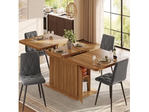 Table de salle à manger extensible avec rangement caché et étagères bilatérales, mdf et métal, bois brun foncé