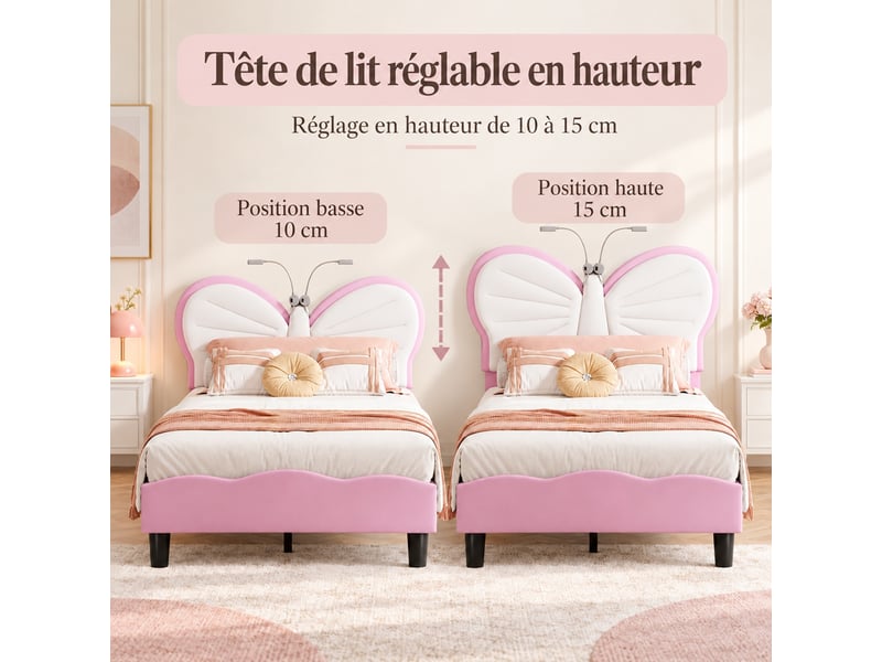  Lit enfant 90x190 cm en velours, lit simple rembourré avec liseuses intégrées, lit princesse papillon pour fille avec sommier à lattes, tête de lit réglable en hauteur, rose  - Conforama D
