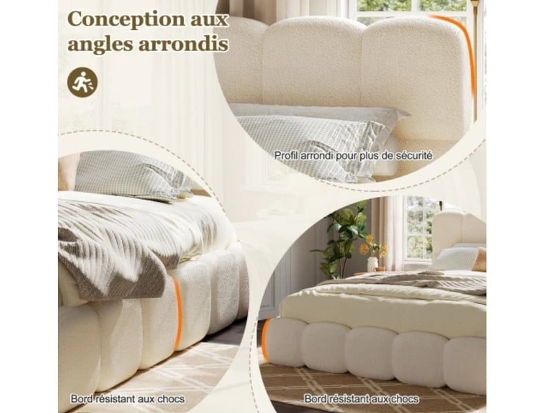  Lit capitonné, lit double, 200×200 cm, avec sommier à lattes, tête de lit et grand espace de rangement, blanc, tissu bouclé  - Conforama E