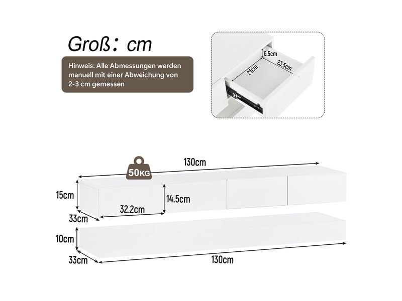  Meuble tv mural led 130 x 33 cm, 4 tiroirs, pour téléviseur jusqu’à 55 pouces, blanc  - Conforama C