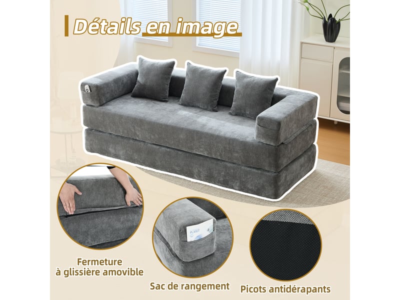  Canapé modulable en chenille gris foncé 198 x 79 x 60 cm, convertible avec poches latérales et base antidérapante 198x79x60cm - Conforama E
