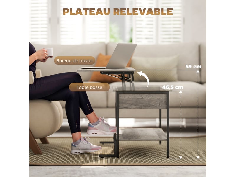  Table basse avec plateau relevable, table de salon avec compartiment caché et étagère ouverte, gris, 95x40x59cm  - Conforama D