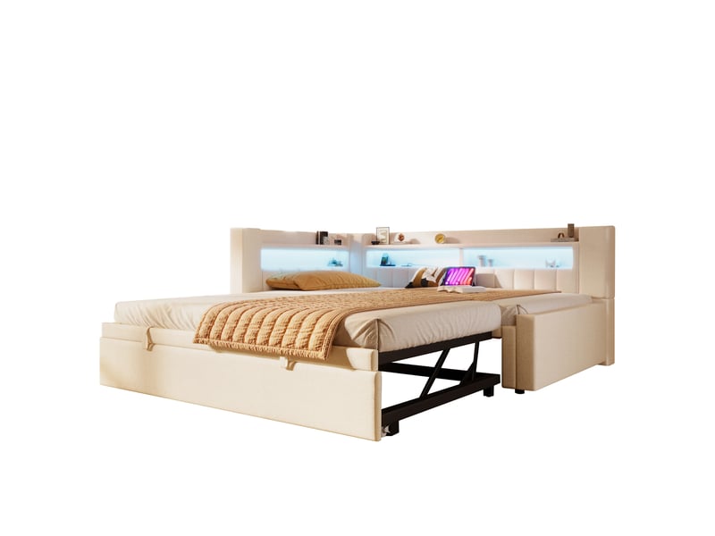 Lit gigogne convertible 90180x200 cm avec led et usb-c, tissu lin beige, structure mdf, sans matelas - Conforama A