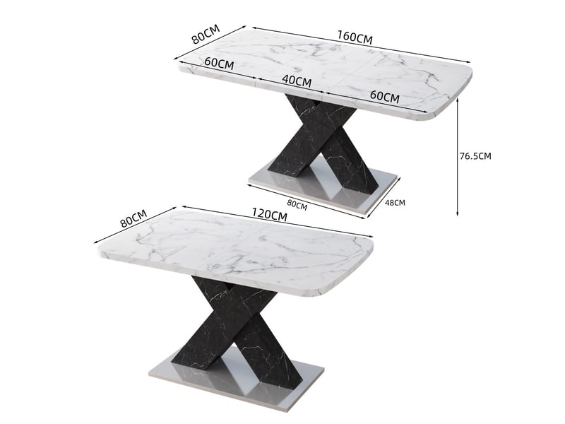 Table à manger extensible 120 à 160 cm, effet marbre blanc, piètement noir - Conforama C