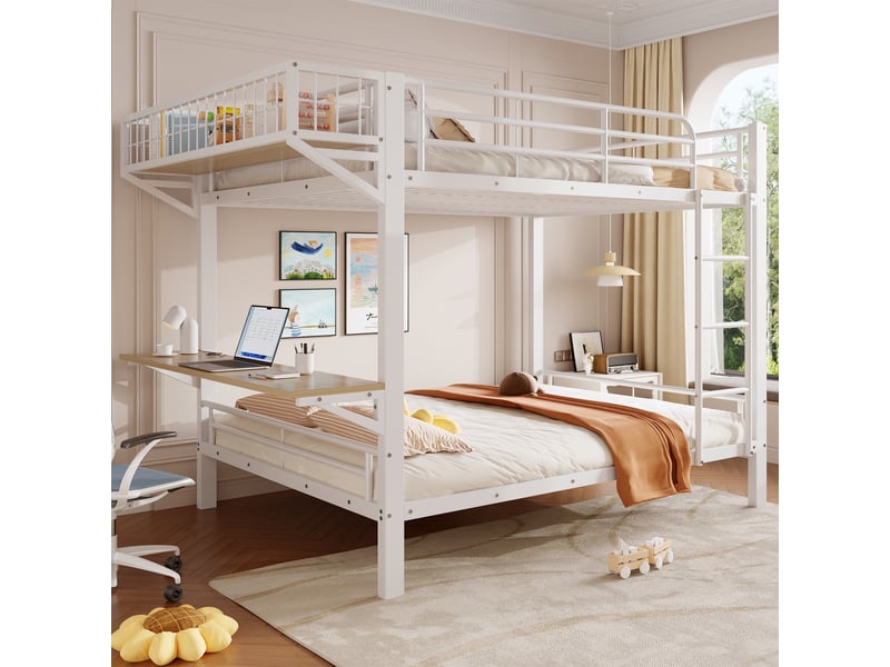  Lit superposé 140 x 200 cm – avec bureau – avec barrières de sécurité – avec échelle – blanc (matelas non inclus)  - Conforama R