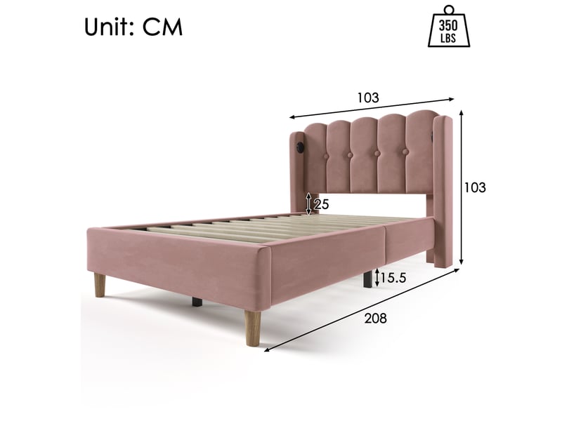 Lit simple enfant 90x200 cm – rose – tête de lit usb et type-c, sommier et matelas à ressorts inclus - Conforama C