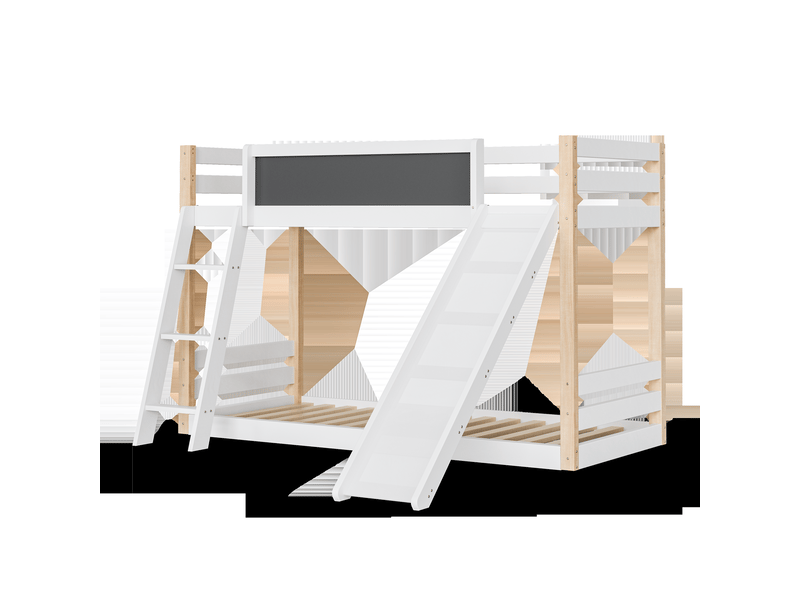  Lit superposé enfant en bois blanc 90x190200 cm avec toboggan, échelle et tableau, 204 x 210 x 127,5 cm  - Conforama A