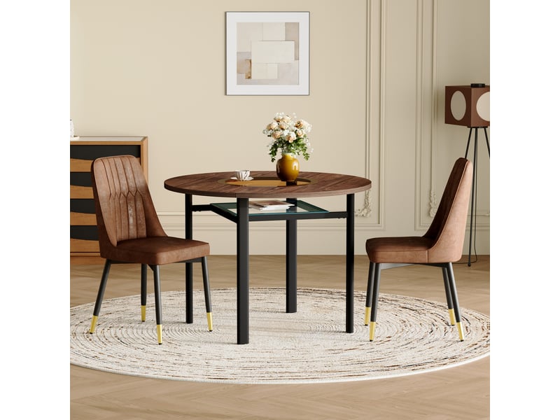  Ensemble table et chaises avec table ronde et 2 fauteuils  - étagère en verre - mdf, métal, tissu - marron noir  - Conforama B