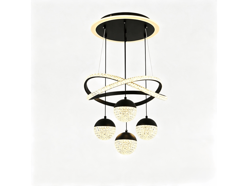  Suspension pour table à manger en cristal noir, 4 lumières, intensité variable | suspension led 54 w, hauteur réglable, intensité variable  - Conforama A