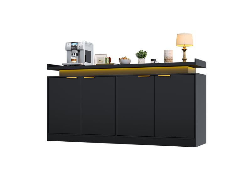  Buffet 160 x 39 x 83 cm, 4 portes, éclairage led rgb contrôlable par application et compartiments ouverts, noir  - Conforama A