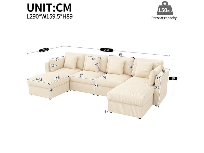 Canapé d’angle en u modulable 6 places 290 x 159,5 x 89 cm avec accoudoirs réglables, 2 poufs amovibles, velours côtelé - beige - Conforama D