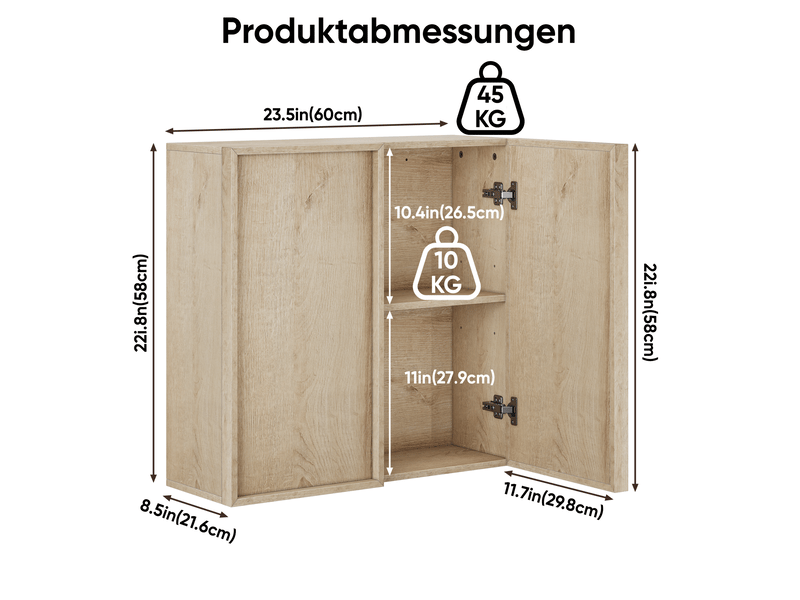  Armoire de salle de bain murale 2 portes sans poignées, rangement fermé, décor chêne pour salle de bain 60 × 21,6 × 58 cm  - Conforama C