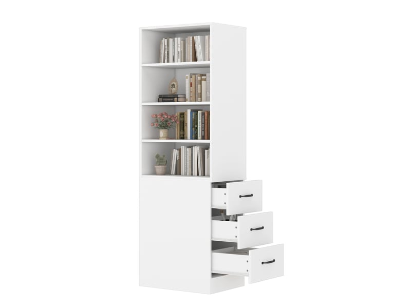  Bibliothèque étroite 180 cm, meuble de rangement avec tiroirs latéraux, armoire haute blanche de salon pour petits espaces.  - Conforama A