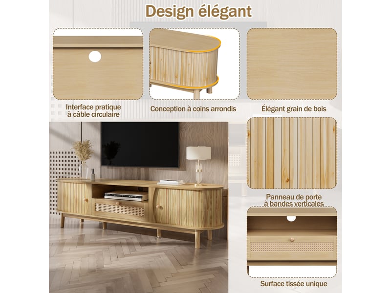 Meuble tv avec portes coulissantes et tiroirs - lpospi - rangement ouvert, pieds en bois massif, mdf - naturel - Conforama E