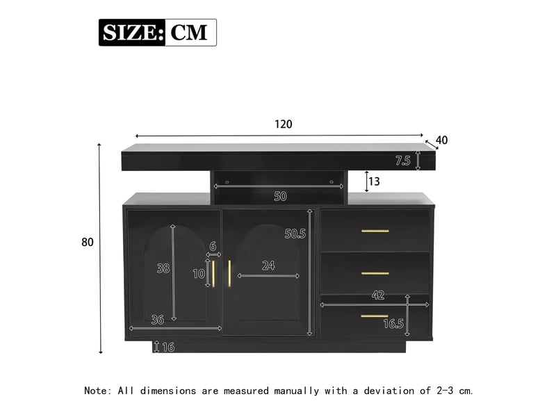 Buffet de cuisine led avec 2 portes, 3 tiroirs et 4 niches, finition noire brillante pour salle à manger, 120 × 40 × 80 cm - Conforama E