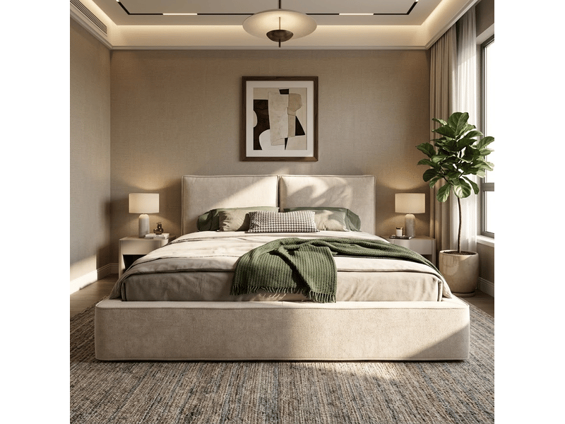  Lit coffre double 180 x 200 cm en chenille beige avec sommier à lattes  - Conforama C