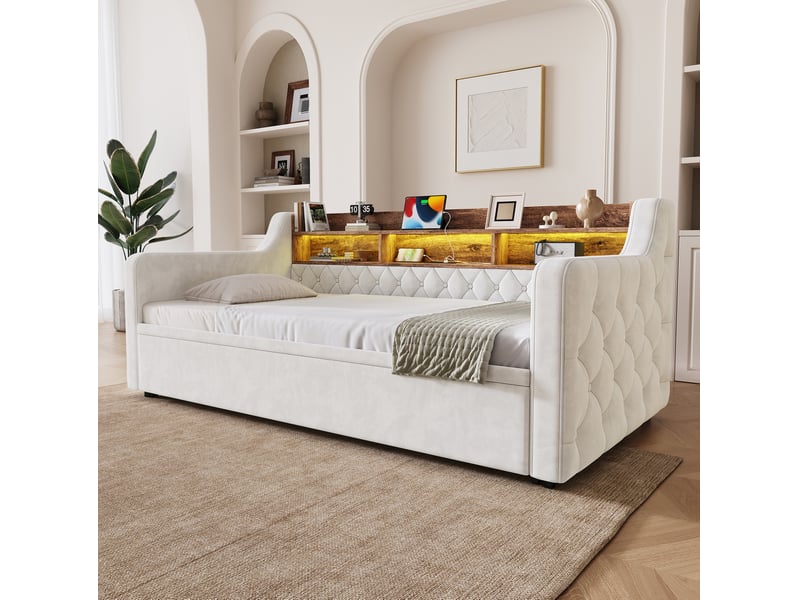  Lit convertible, 90x190 cm, tête de lit avec rangement, led, usb, type c, matelas non inclus, velours, coloris beige  - Conforama D