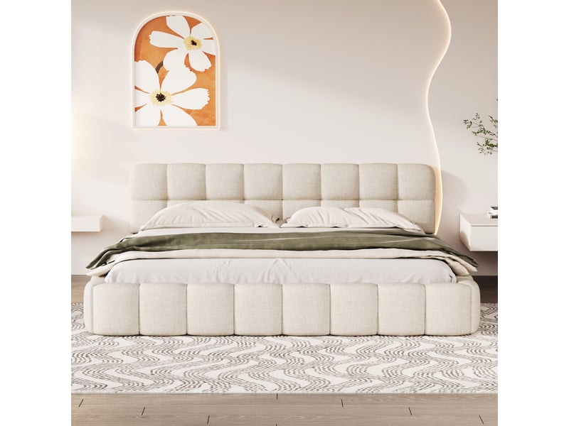  Lit adulte 140x190 à sommier à lattes, tête de lit capitonnée, cadre de lit rembourré en tissu lin, lit double design bulle, lit chambre sans matelas  - Conforama B