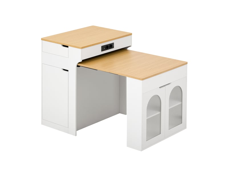  Desserte de cuisine extensible avec 2 tiroirs et portes vitrées sur roulettes en mdf 55–153×80×93 cm blanc  - Conforama A