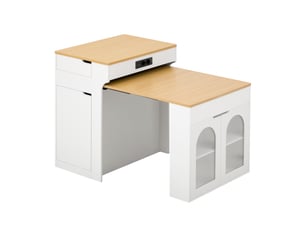 Desserte de cuisine extensible avec 2 tiroirs et portes vitrées sur roulettes en mdf 55–153×80×93 cm blanc