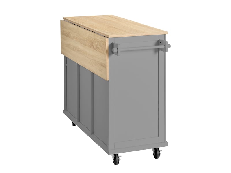  Îlot de cuisine mobile gris avec roulettes, table extensible, tiroirs et compartiment pour poubelle  - Conforama E