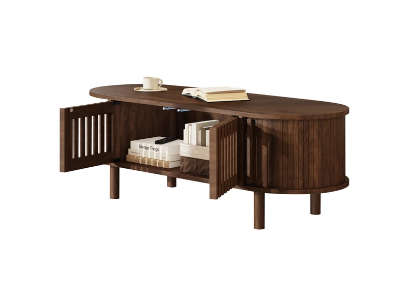 Table basse ovale 100 x 40 x 38 cm avec rangement, 2 portes à lattes et porte coulissante à rideau, mdf et bois, coloris noyer  - Conforama A