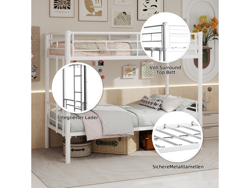  Lit superposé jumeaux 90x200 cm en métal renforcé convertible garde-corps et échelles sans sommier  - Conforama D