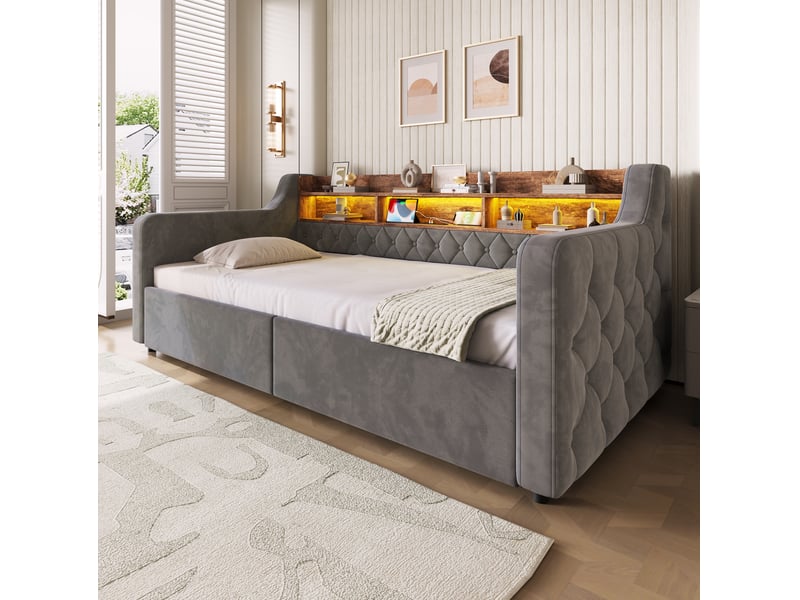  Lit pour jeune, 90x190 cm, doté d’un espace de rangement, led, usb type c, 2 tiroirs pratiques, velours, coloris gris  - Conforama D