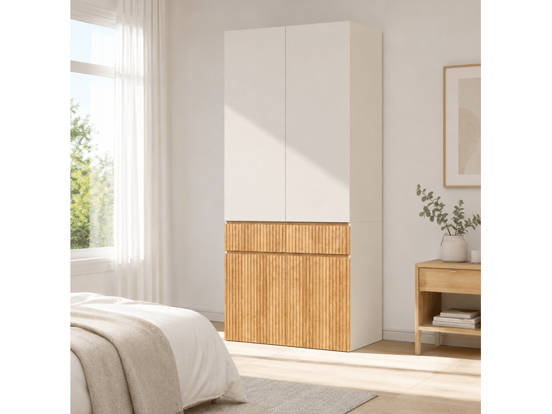  Armoire à portes battantes 90 x 50 x 202 cm – chêne clair et gris – 4 portes, penderie et tiroir  - Conforama D